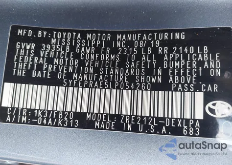 2020 Toyota Corolla Le from USA, damaged, VIN 5YFEPRAE5LP054260